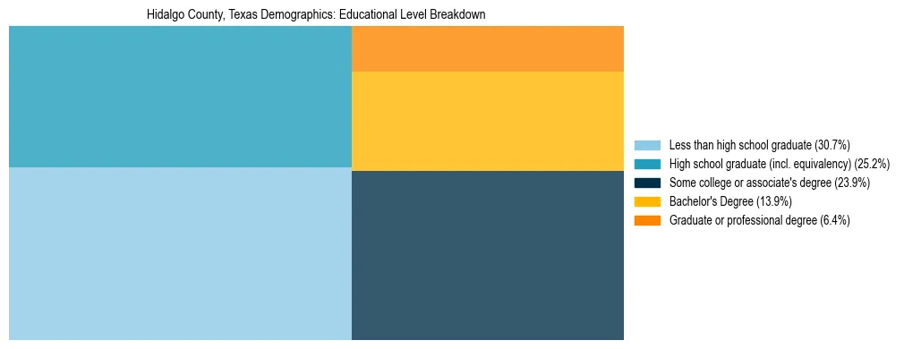 Treemap chart illustrating the educational attainment breakdown for population 25 years and over in Hidalgo County, Texas.