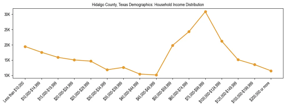 Horizontal bar chart showing household income distribution in Hidalgo County, Texas.
