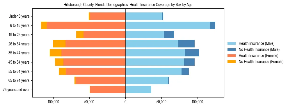 Pyramid chart showing health insurance coverage by age and sex in Hillsborough County, Florida.