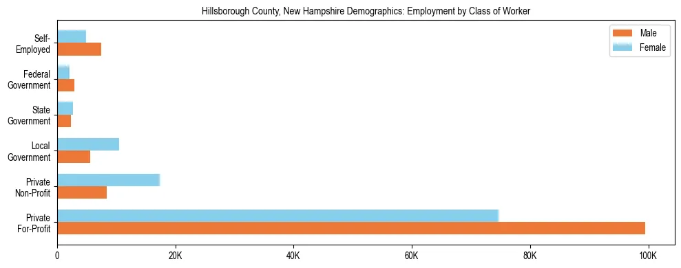 Horizontal bar chart showing employment distribution by class of worker and gender in Hillsborough County, New Hampshire, based on 2023 ACS data.