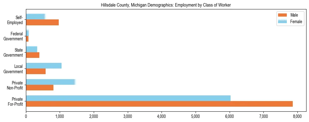 Horizontal bar chart showing employment distribution by class of worker and gender in Hillsdale County, Michigan, based on 2023 ACS data.