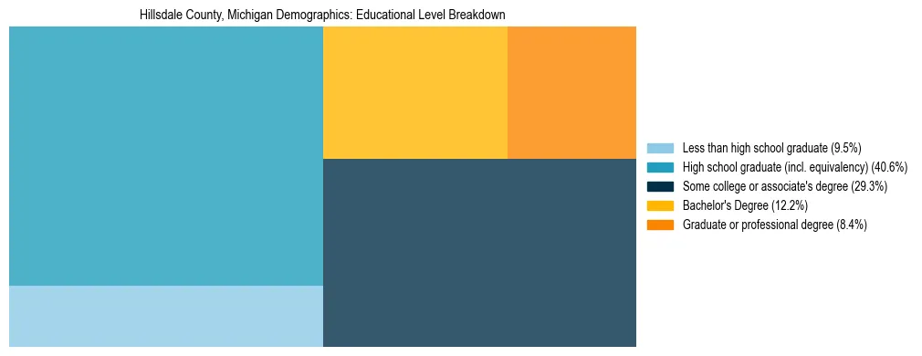 Treemap chart illustrating the educational attainment breakdown for population 25 years and over in Hillsdale County, Michigan.