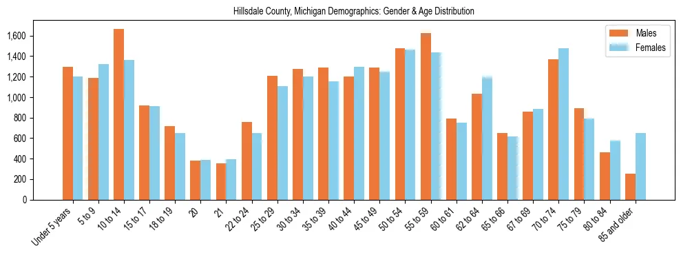 Bar chart showing the population distribution of Hillsdale County, Michigan by age group and gender, based on 2023 ACS data.