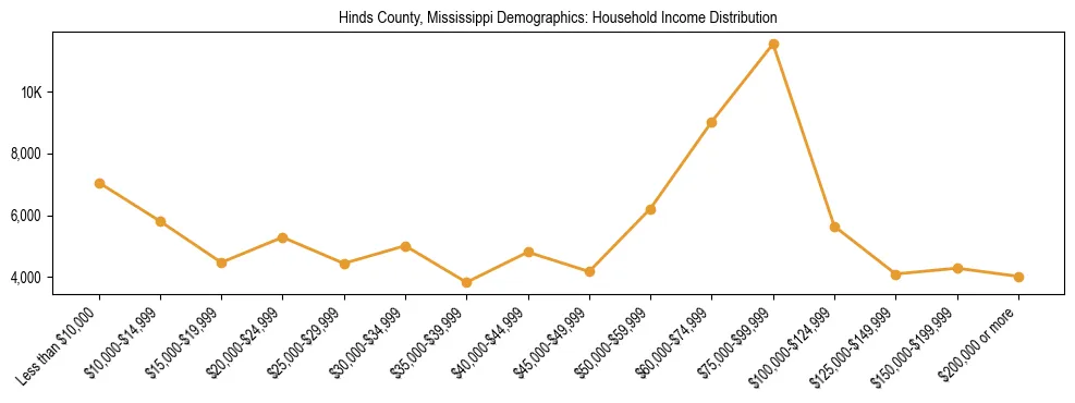 Horizontal bar chart showing household income distribution in Hinds County, Mississippi.