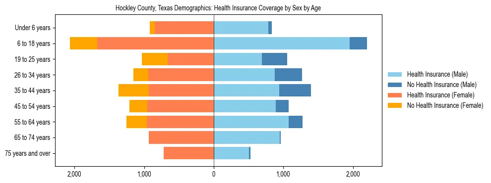 Pyramid chart showing health insurance coverage by age and sex in Hockley County, Texas.