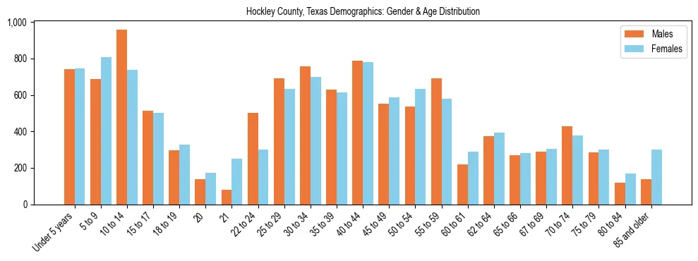 Bar chart showing the population distribution of Hockley County, Texas by age group and gender, based on 2023 ACS data.