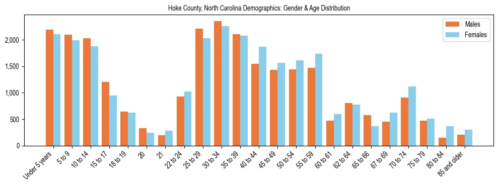Bar chart showing the population distribution of Hoke County, North Carolina by age group and gender, based on 2023 ACS data.