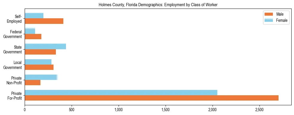 Horizontal bar chart showing employment distribution by class of worker and gender in Holmes County, Florida, based on 2023 ACS data.