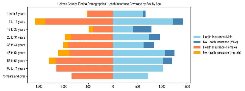 Pyramid chart showing health insurance coverage by age and sex in Holmes County, Florida.
