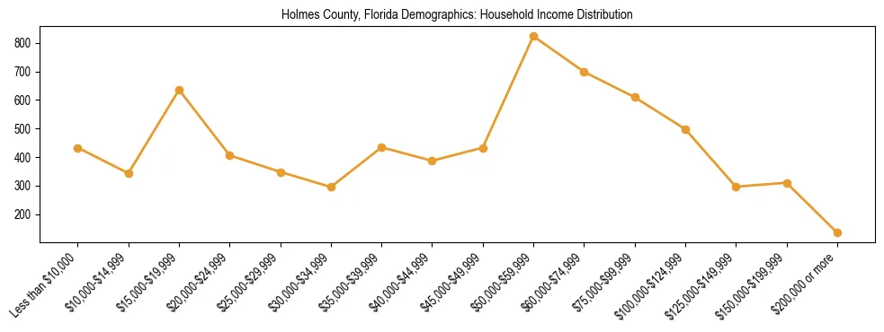 Horizontal bar chart showing household income distribution in Holmes County, Florida.