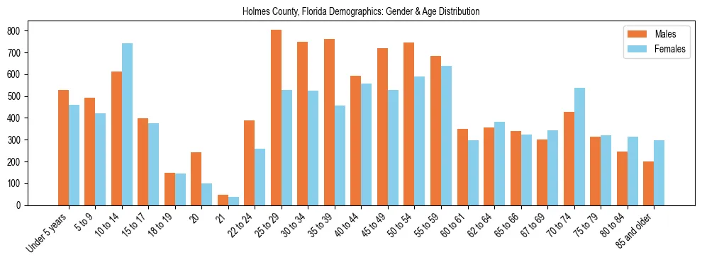 Bar chart showing the population distribution of Holmes County, Florida by age group and gender, based on 2023 ACS data.
