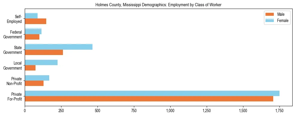 Horizontal bar chart showing employment distribution by class of worker and gender in Holmes County, Mississippi, based on 2023 ACS data.