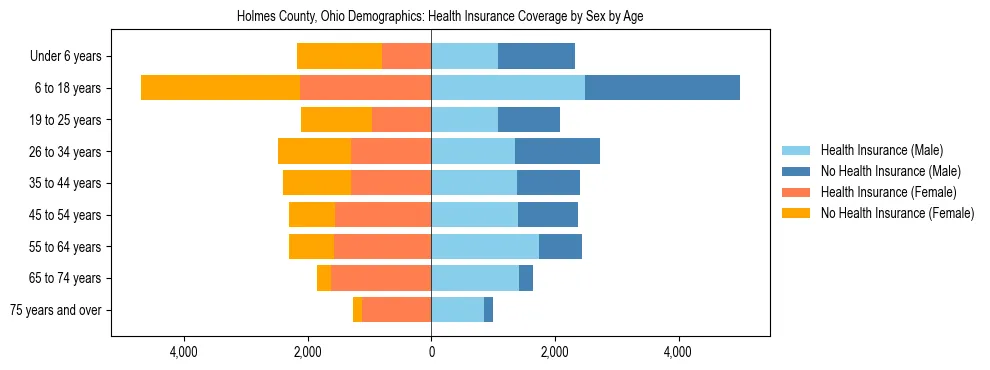 Pyramid chart showing health insurance coverage by age and sex in Holmes County, Ohio.