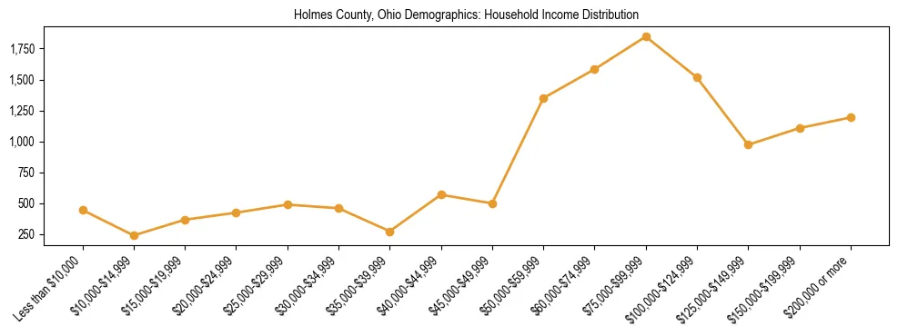 Horizontal bar chart showing household income distribution in Holmes County, Ohio.