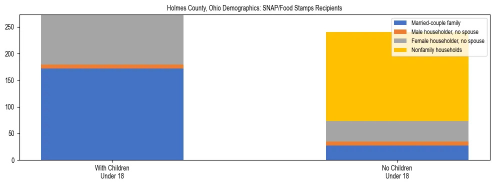 Stacked bar chart showing SNAP/Food Stamps recipient household composition by presence of children under 18 in Holmes County, Ohio, based on 2023 ACS data.