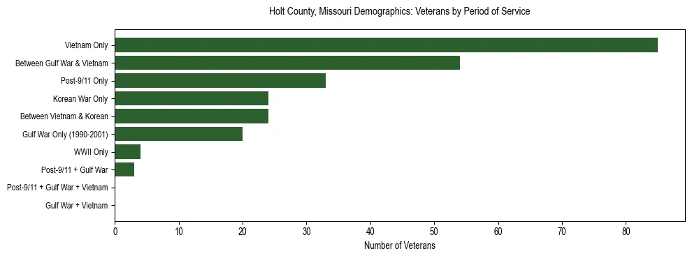 Horizontal bar chart showing veteran distribution by period of military service in Holt County, Missouri, based on 2023 ACS data.