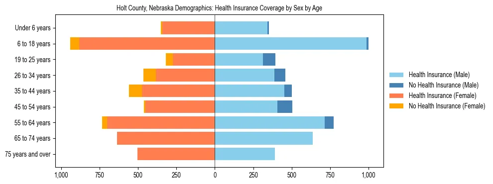 Pyramid chart showing health insurance coverage by age and sex in Holt County, Nebraska.