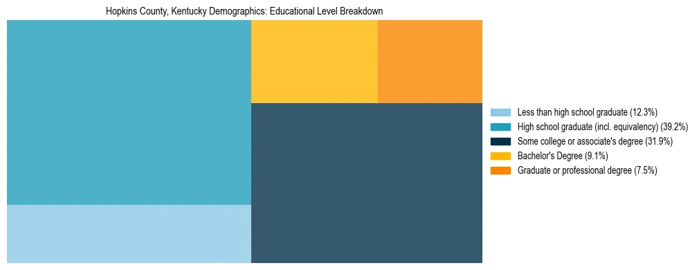 Treemap chart illustrating the educational attainment breakdown for population 25 years and over in Hopkins County, Kentucky.
