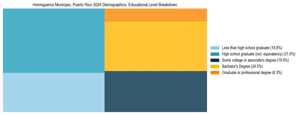 Treemap chart illustrating the educational attainment breakdown for population 25 years and over in Hormigueros Municipio, Puerto Rico.