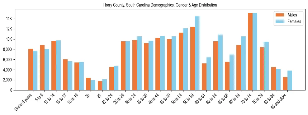 Bar chart showing the population distribution of Horry County, South Carolina by age group and gender, based on 2023 ACS data.