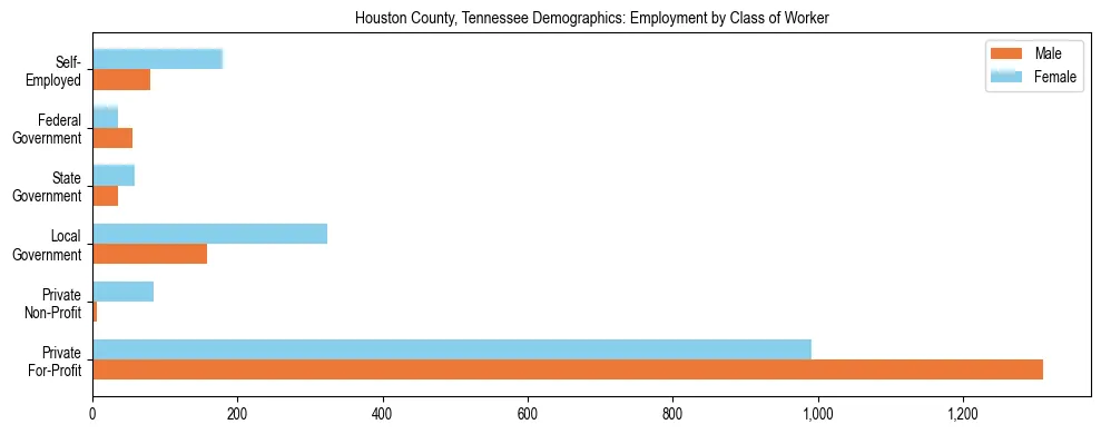 Horizontal bar chart showing employment distribution by class of worker and gender in Houston County, Tennessee, based on 2023 ACS data.
