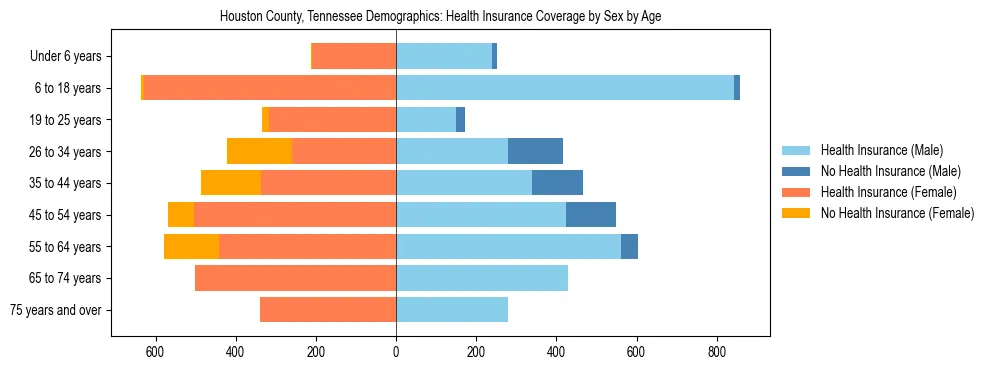 Pyramid chart showing health insurance coverage by age and sex in Houston County, Tennessee.