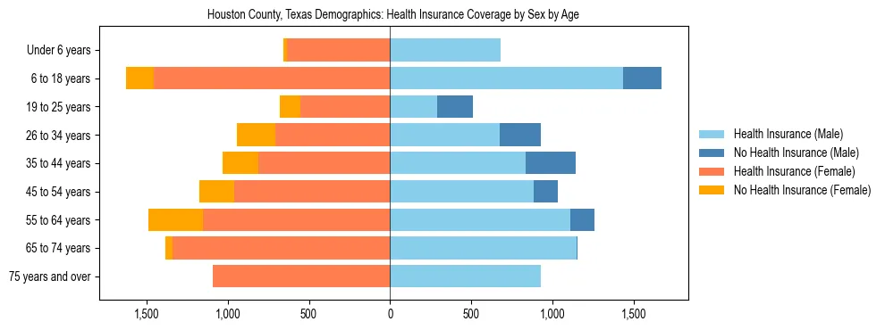 Pyramid chart showing health insurance coverage by age and sex in Houston County, Texas.