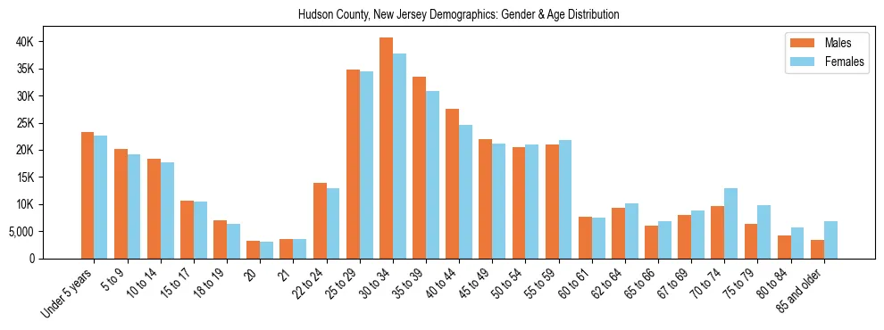 Bar chart showing the population distribution of Hudson County, New Jersey by age group and gender, based on 2023 ACS data.