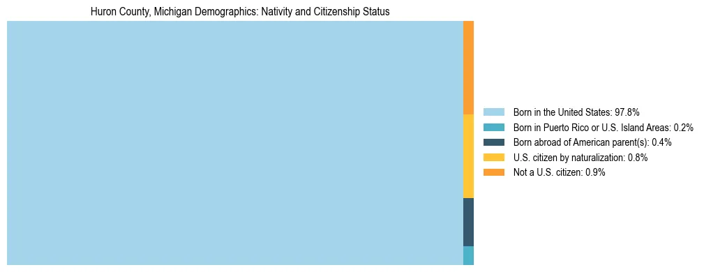 Treemap showing the population distribution by nativity and citizenship status in Huron County, Michigan based on U.S. Census data.