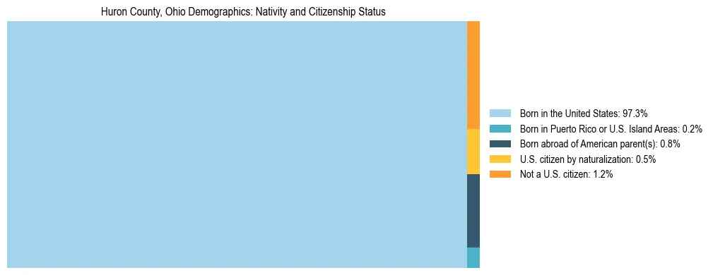 Treemap showing the population distribution by nativity and citizenship status in Huron County, Ohio based on U.S. Census data.