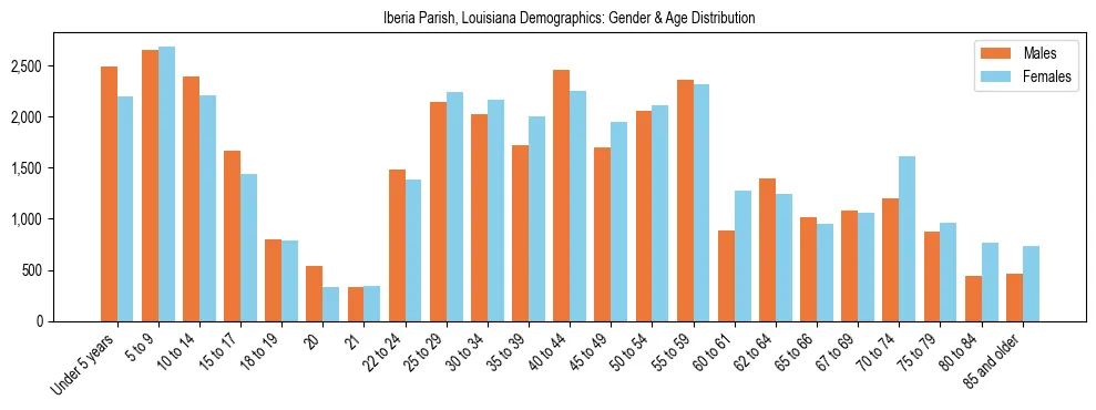 Bar chart showing the population distribution of Iberia Parish, Louisiana by age group and gender, based on 2023 ACS data.