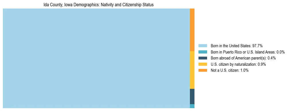 Treemap showing the population distribution by nativity and citizenship status in Ida County, Iowa based on U.S. Census data.