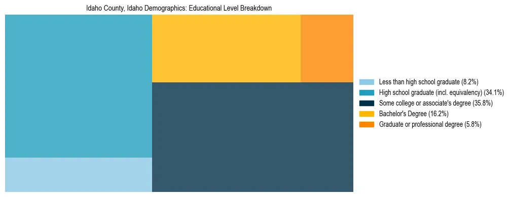Treemap chart illustrating the educational attainment breakdown for population 25 years and over in Idaho County, Idaho.