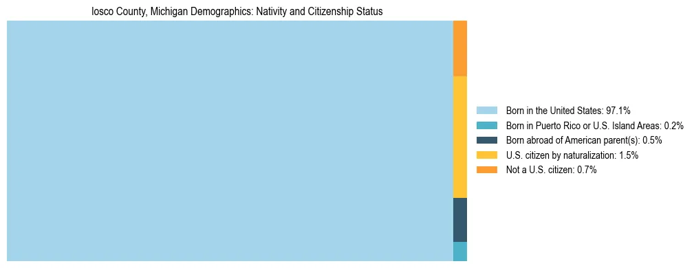 Treemap showing the population distribution by nativity and citizenship status in Iosco County, Michigan based on U.S. Census data.