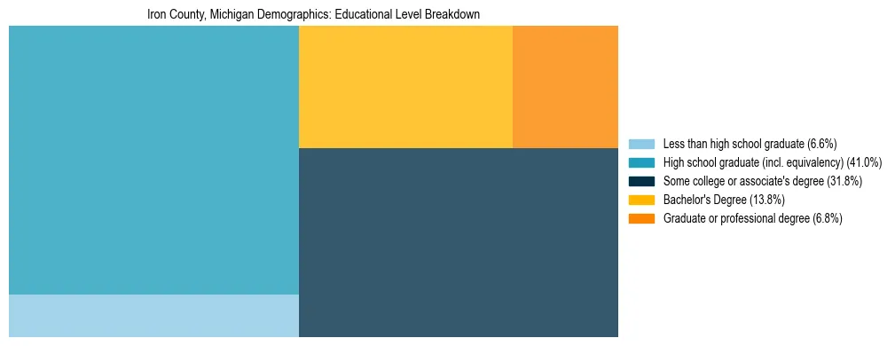 Treemap chart illustrating the educational attainment breakdown for population 25 years and over in Iron County, Michigan.