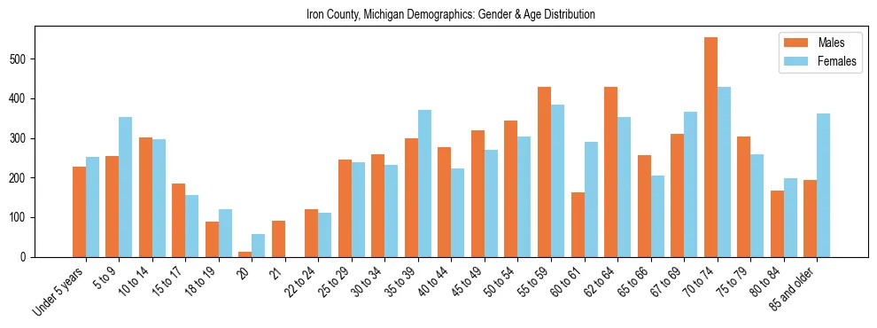 Bar chart showing the population distribution of Iron County, Michigan by age group and gender, based on 2023 ACS data.