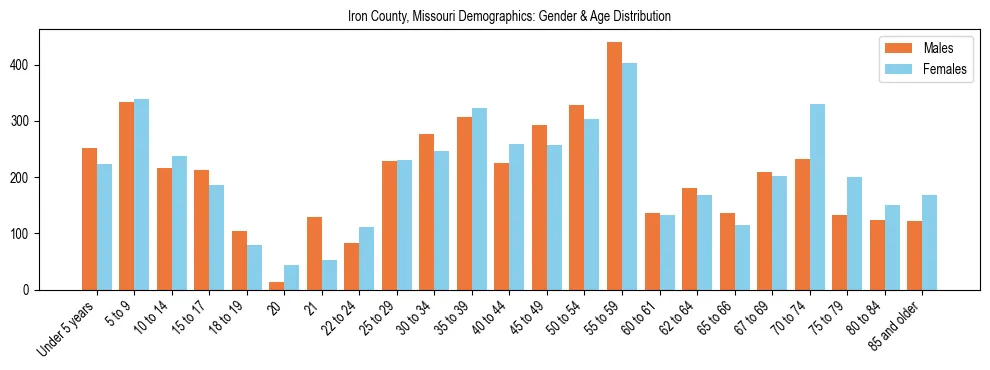 Bar chart showing the population distribution of Iron County, Missouri by age group and gender, based on 2023 ACS data.