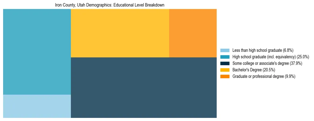 Treemap chart illustrating the educational attainment breakdown for population 25 years and over in Iron County, Utah.