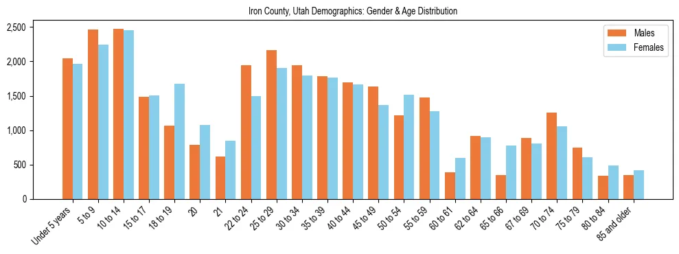 Bar chart showing the population distribution of Iron County, Utah by age group and gender, based on 2023 ACS data.