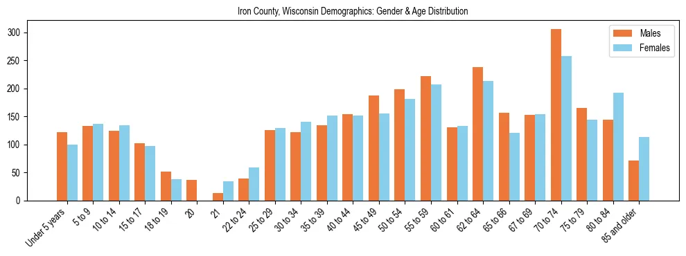 Bar chart showing the population distribution of Iron County, Wisconsin by age group and gender, based on 2023 ACS data.