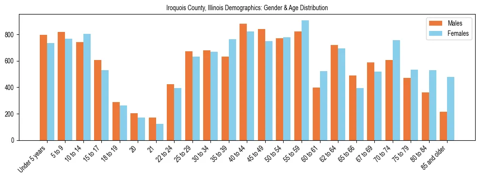 Bar chart showing the population distribution of Iroquois County, Illinois by age group and gender, based on 2023 ACS data.