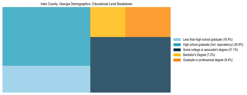 Treemap chart illustrating the educational attainment breakdown for population 25 years and over in Irwin County, Georgia.