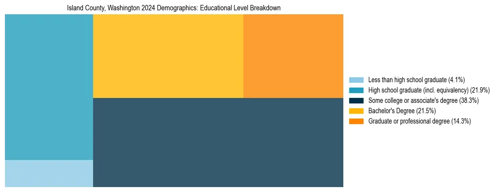 Treemap chart illustrating the educational attainment breakdown for population 25 years and over in Island County, Washington.