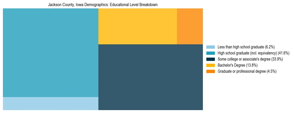 Treemap chart illustrating the educational attainment breakdown for population 25 years and over in Jackson County, Iowa.