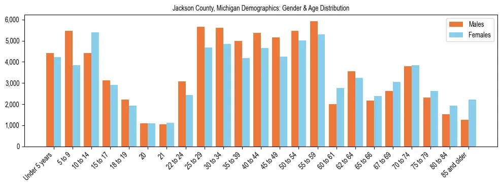 Bar chart showing the population distribution of Jackson County, Michigan by age group and gender, based on 2023 ACS data.