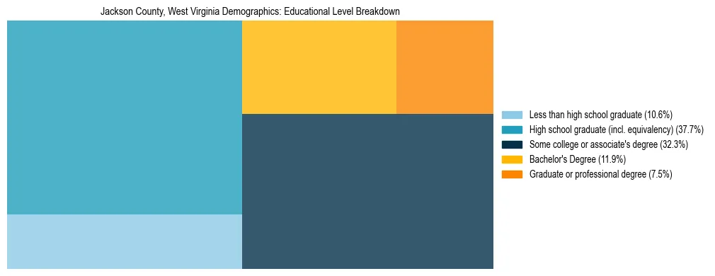 Treemap chart illustrating the educational attainment breakdown for population 25 years and over in Jackson County, West Virginia.