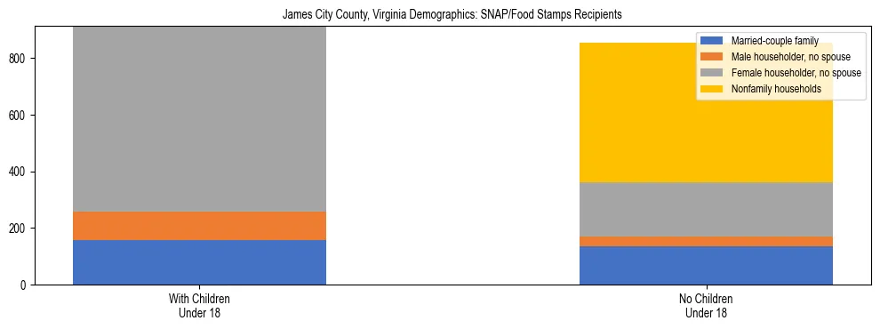 Stacked bar chart showing SNAP/Food Stamps recipient household composition by presence of children under 18 in James City County, Virginia, based on 2023 ACS data.