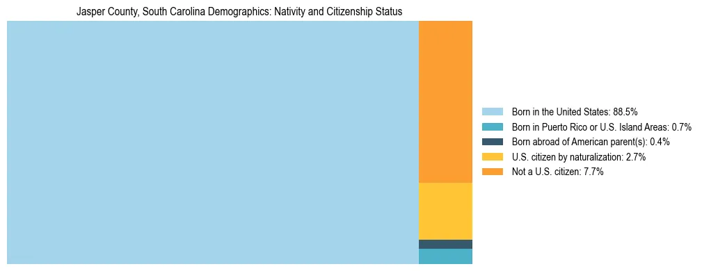 Treemap showing the population distribution by nativity and citizenship status in Jasper County, South Carolina based on U.S. Census data.