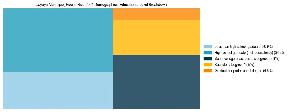 Treemap chart illustrating the educational attainment breakdown for population 25 years and over in Jayuya Municipio, Puerto Rico.