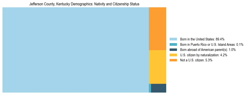 Treemap showing the population distribution by nativity and citizenship status in Jefferson County, Kentucky based on U.S. Census data.